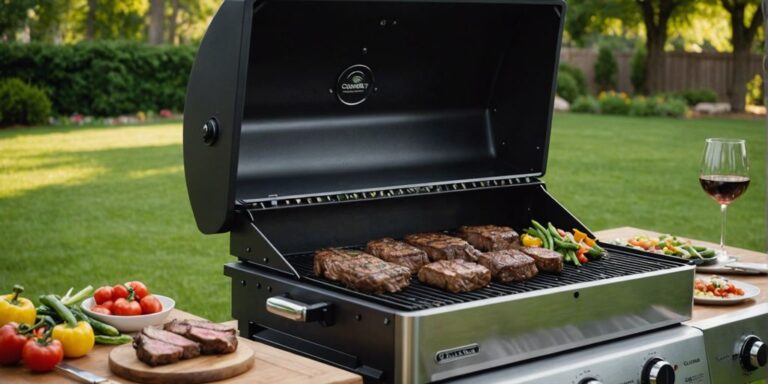 Cuisinart Oakmont Pellet Grill with sizzling steaks and vegetables in a backyard setting.