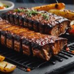 Perfectly cooked ribs on a Blackstone griddle with a golden-brown crust and grilled vegetables on the side.