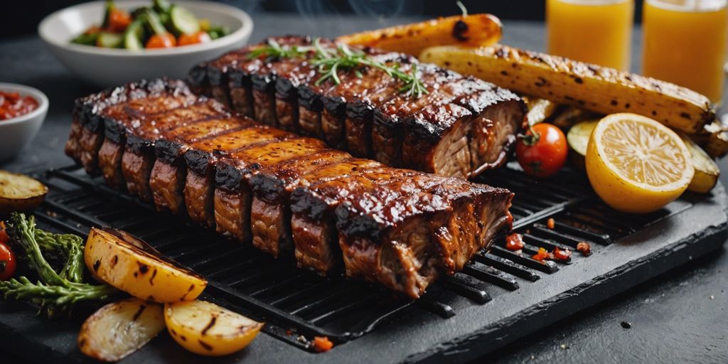 Perfectly cooked ribs on a Blackstone griddle with a golden-brown crust and grilled vegetables on the side.